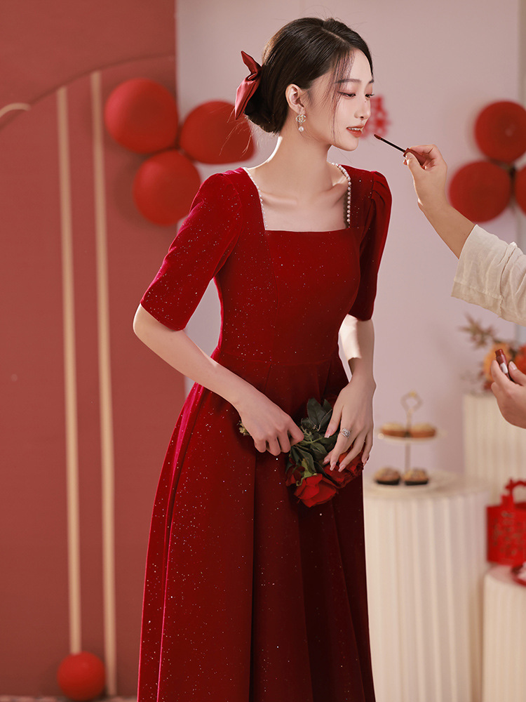 Wine red high-end bride plus size toast clothing slimming plus size chubby girl engagement company banquet evening dress