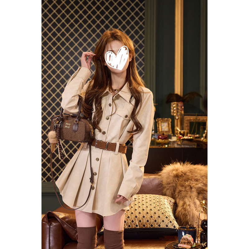 Elegant Polo Collar Long-Sleeve Shirt Dress for Women, Autumn Waist-Cinching Pleated Skirt with a Slimming A-Line Design