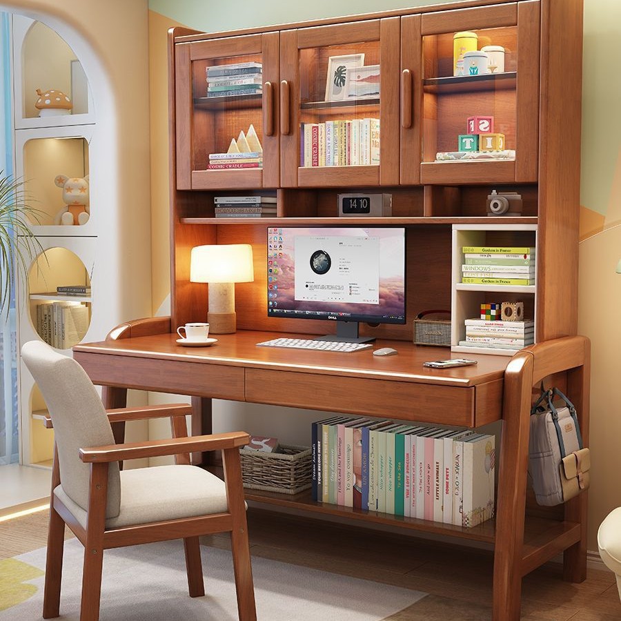 Simple Modern Study Solid Wood Desk Home Bedroom Office Computer Desk Student Bookshelf Bookcase Integrated Writing Desk