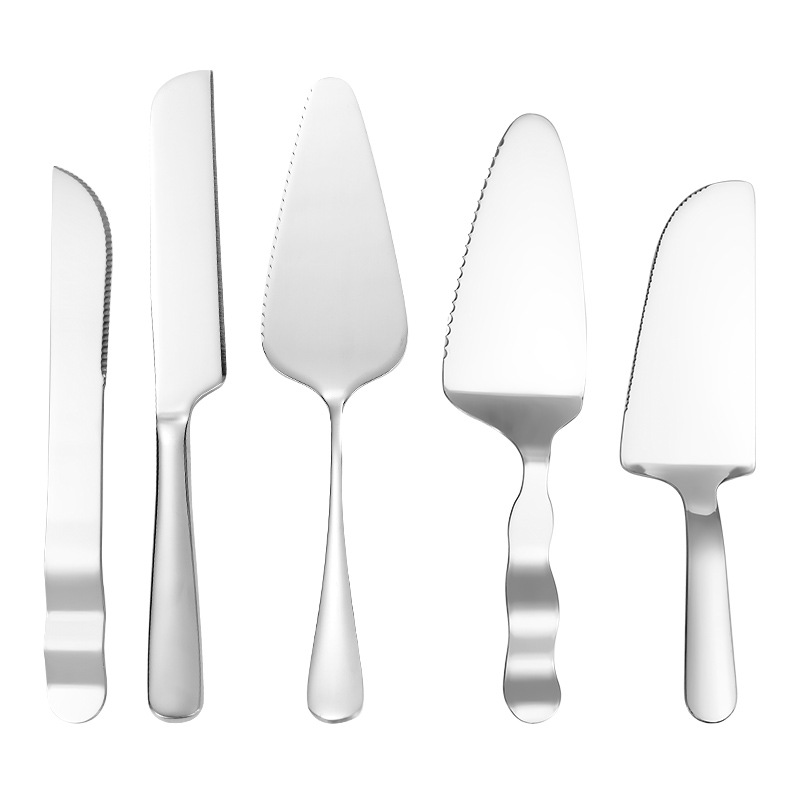 Vajilla de acero inoxidable, juego de cuchillo y tenedor de pastel, postre, tenedor de fruta, queso multifuncional, pizza, pala de pastel, logotipo impreso