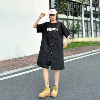 250620 假两件字母印花工装裙2025夏季新款拼接个性连衣裙潮