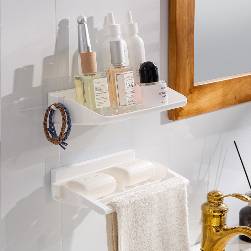 Estante de almacenamiento para gabinete de baño, estante de plástico para cocina, sin perforaciones, para montar en la pared del baño, para toallas de mano y paños de cocina.