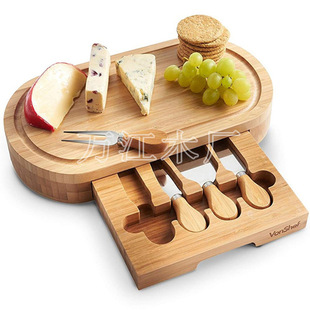 Rubber wood bamboo oval box cheese knife wooden handle 4-piece cheese knife pizza cheese knife