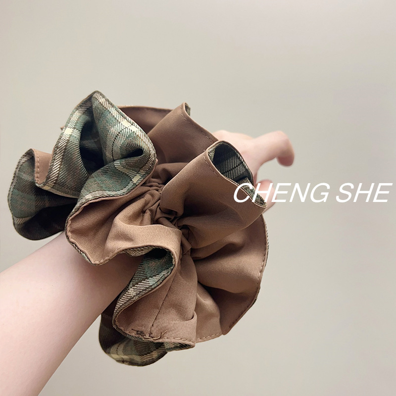 韩系拼色格子双层大肠发圈女高级感丸子头扎头发超大百搭发饰头绳|undefined