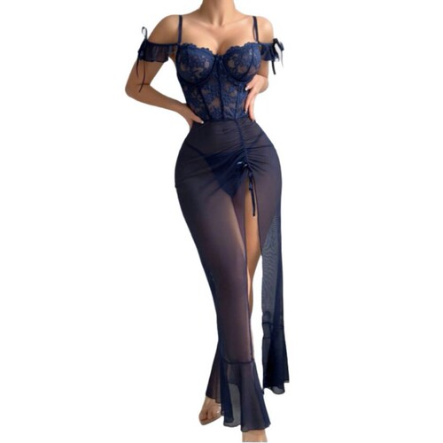 Sexy lace sexy lingerie mesh perspective split sling one-piece dress for women
