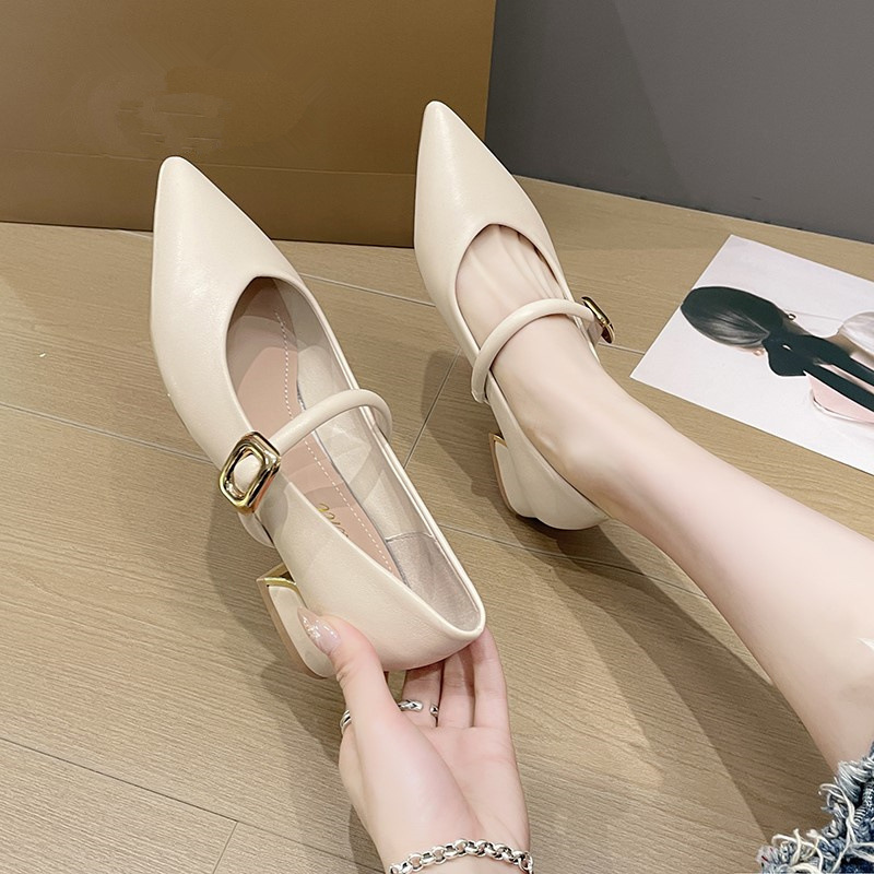Gentle style retro French single-layer shoes women's 32 pointed toe chunky heel Mary Jane women's shoes not tired feet with skirt high heels 43