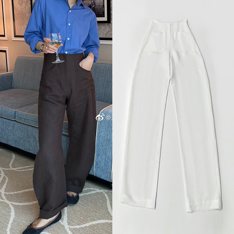 Spanish Niche Design Curved Pants 2025 Early Autumn High-Waisted Wide-Leg Fashionable Linen Long Pants for Women