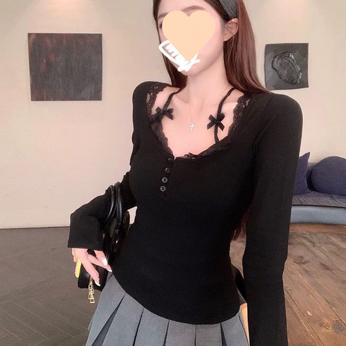 Pure desire fake two-piece long-sleeved shirt, hottie slim slimming lace stitching, short base and inner top for women