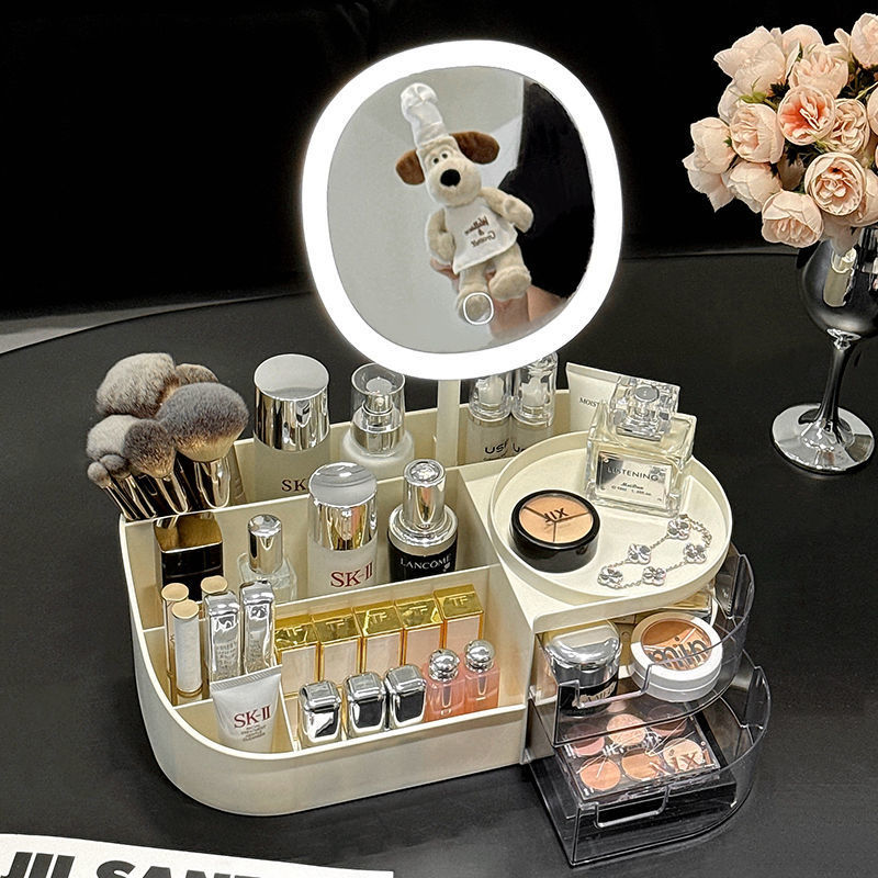 Espejo Espejo de maquillaje con luz Caja de almacenamiento de escritorio Estante de cosméticos integrado Espejo de tocador Regalo de cumpleaños para mujer