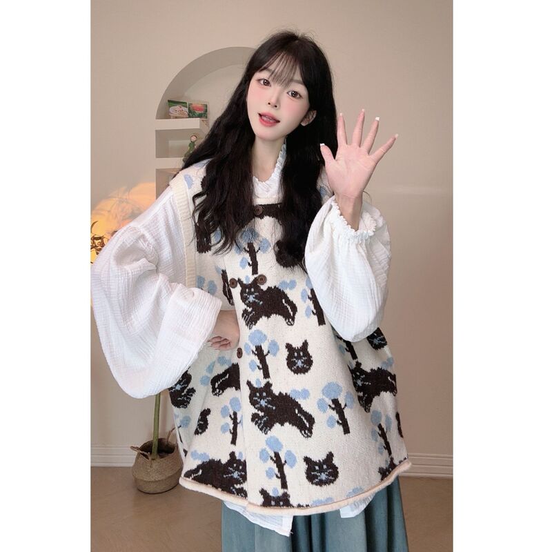 Cat Sweater Vest New Korean Style Fresh Loose Double-Breasted Knitted Cardigan Vest Sleeveless Vest Age Reduction Autumn