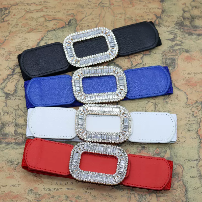 厂家直销水钻方块松紧腰带针孔扣配裙子束腰皮带简约百搭弹力腰封