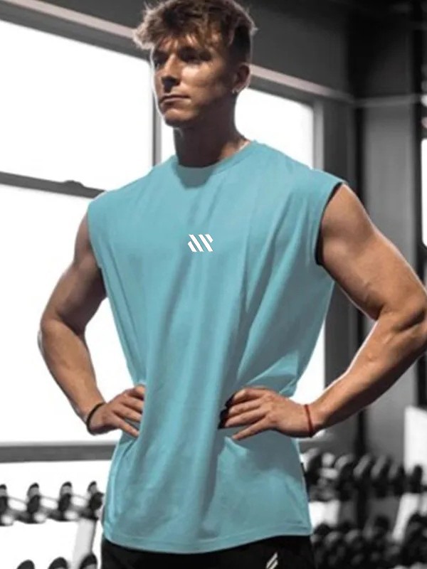 Camiseta de hombro ancho para hombres de verano chaleco de fitness de malla entrenamiento de ropa de fitness relajado chaleco de Maratón de marea de cuello redondo
