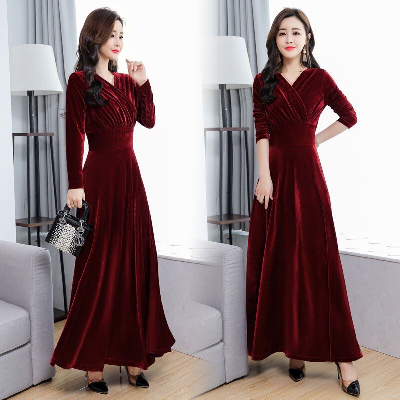 2025 Spring, Autumn and Winter New Gold Velvet Dress Long Slim Elegant Long-Sleeved Large Size Autumn Women's Long Skirt