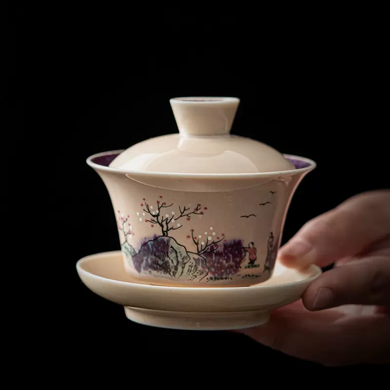 手绘少女花三才盖碗茶杯陶瓷功夫茶具家用茶具茶碗单个盖碗敬茶碗