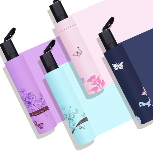 Women's Creative Sunshade Umbrella, Foldable Rain Umbrella, Dual-Purpose, Sun and Rain Use, Small Daisy Black Rubber Sun Umbrella with Printed Logo Advertising