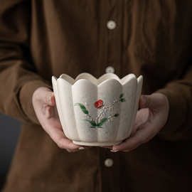 手绘文心兰建水陶瓷莲瓣茶洗茶渣缸水盂办公家用杯洗功夫茶具配件