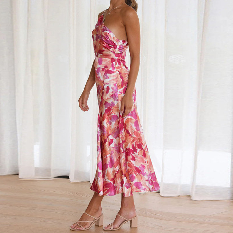315g Weight Wholesale Women's Vacation Printing Ruffles Printing Holiday Beach Oblique Collar Sleeveless Sheath Dress