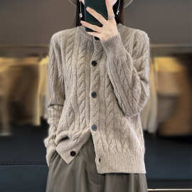 2024秋冬新款100纯羊毛七针加厚法式复古麻花纯羊毛开衫女士现货