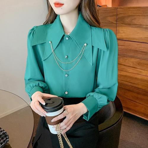 Light Mature Style Shirt for Women, Designer-Designed Niche 2024 Spring New Arrival, Loose-Fitting, Elegant Doll-Style Top with Pointed Collar and Puff Sleeves