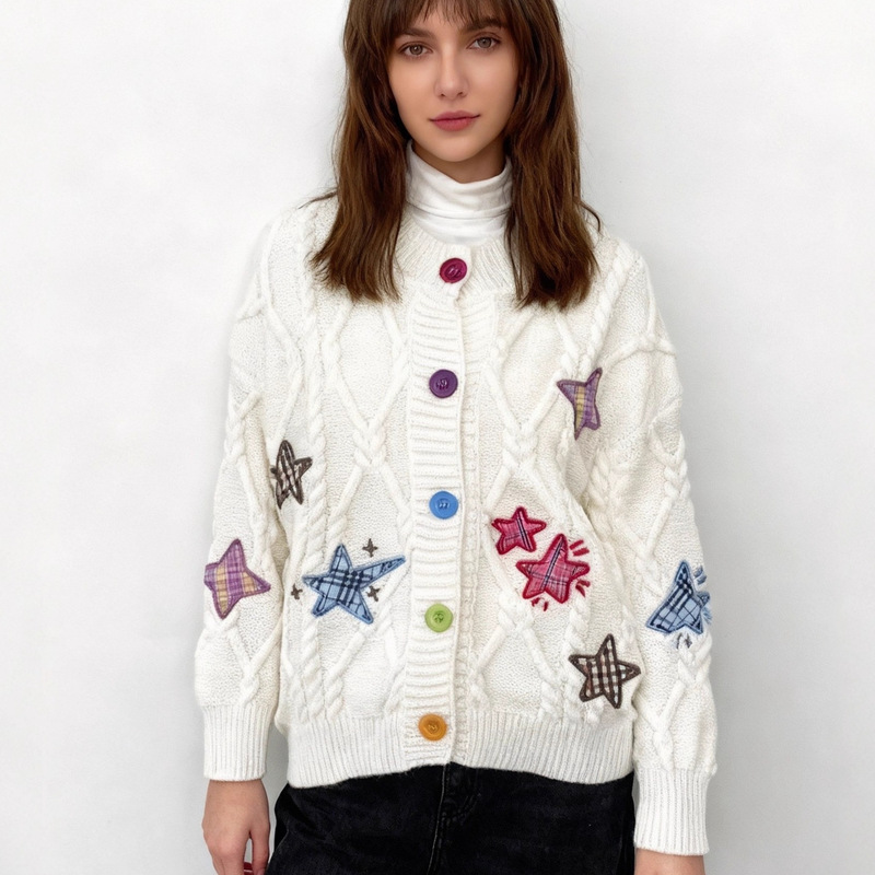 Star Embroidered Cardigan Knitwear for Men and Women in Spring & Fall Loose Lazy Style Japanese Style Retro Knitwear Soft Waxy Jacket