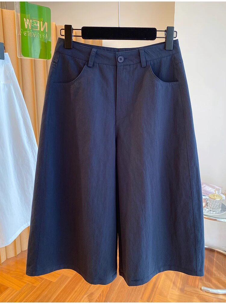 Quần culottes nữ ống rộng cạp cao dáng suông — Xanh lông mòng đen chi tiết 10