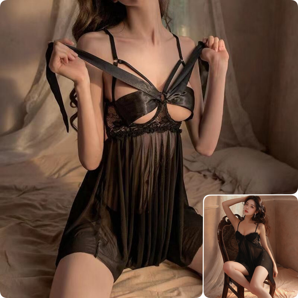 블랙 [레이스업 나이트가운+팬츠] + 블랙 푸쉬업 나이트가운