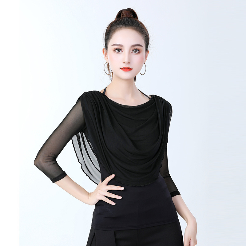 Modern Dance Practice Clothes Women's Latin Seven-Sleeve Mesh Top New Style Latin Dance Shirt Square Dance Clothes