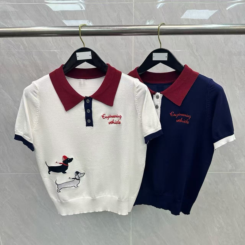 Factory direct sale TB women's Christmas puppy embroidery color-blocked turn-down collar short-sleeve college style casual knit shirt Factory direct sale TB women's Christmas puppy embroidery color-blocked turn-down collar short-sleeve college style casual knit shirt