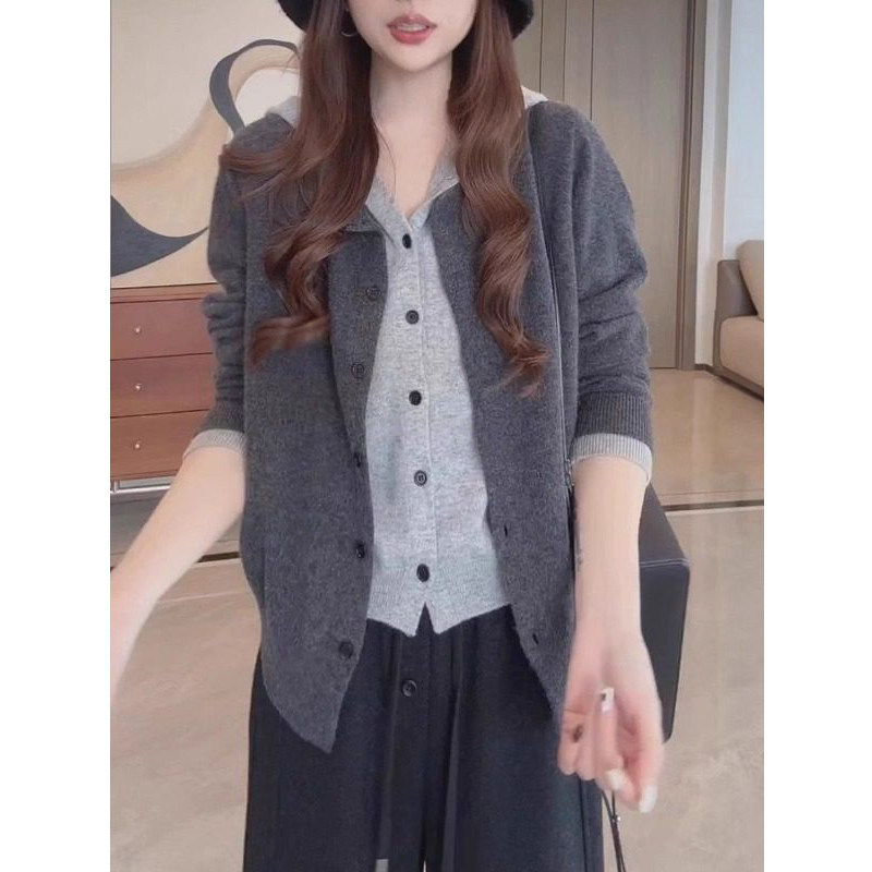 Plus-Size Korean-Style Hooded Faux Two-Piece Knit Cardigan for Women, 2026 Spring Collection, Lazy Style Versatile Casual Top for Curvy Women