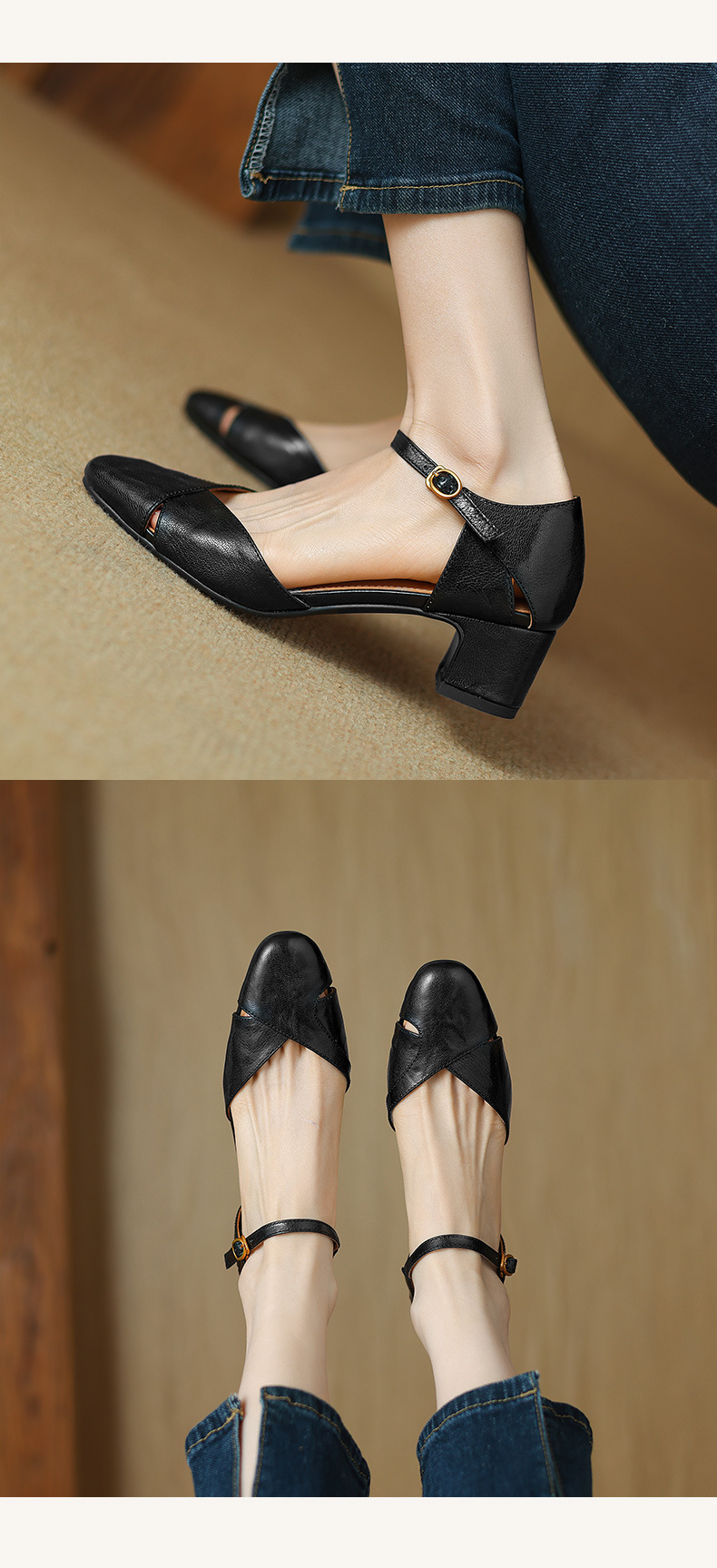 Sandal nữ quai ngang bít mũi gót cao vừa phong cách đơn giản đi làm — Màu nâu chi tiết 9