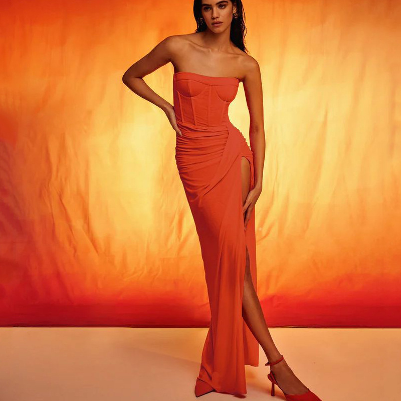 Fashion High-end European and American Sexy Strapless Backless dress Long Slim-fit Wrinkle-hem Split Banquet Evening Dress