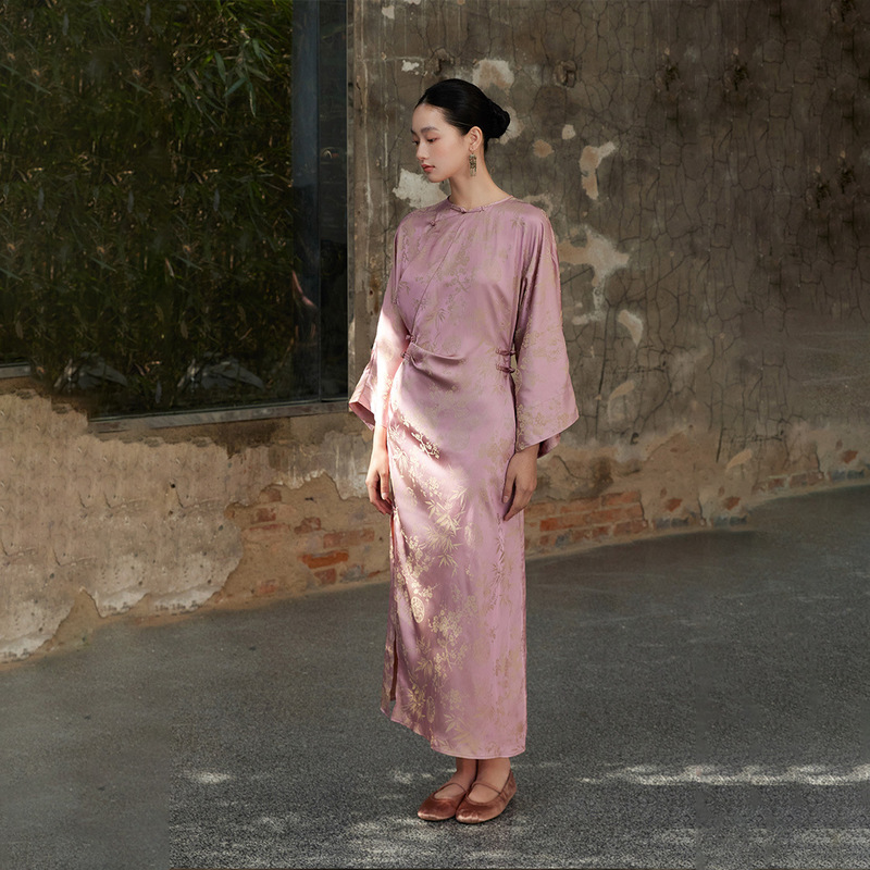 New Chinoiserie Improved Dress Jacquard Fabric Pink Long Skirt Handmade Button Cheongsam Skirt B0336-2