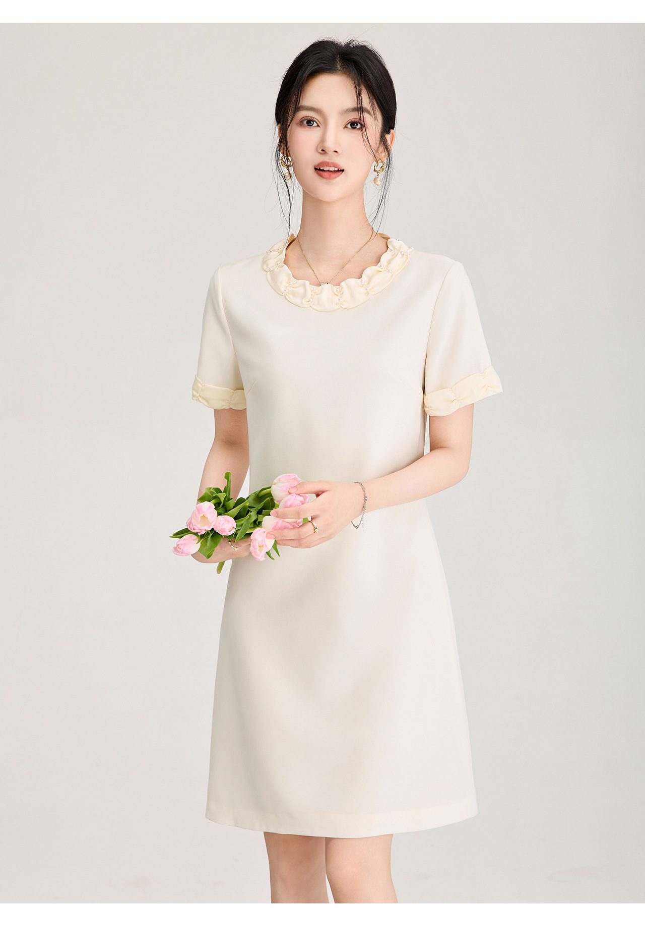 Đầm suông midi cổ điển Pháp đính cườm, phối màu tương phản — màu đen chi tiết 14
