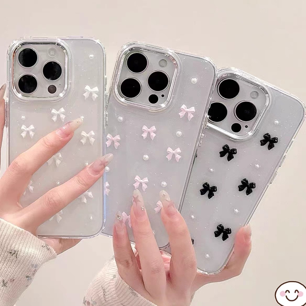 Transparent Glitter Phone Case Suitable for iPhone 17 Pro Max Black Bow Apple 16 Pearl 14 Women's New Model