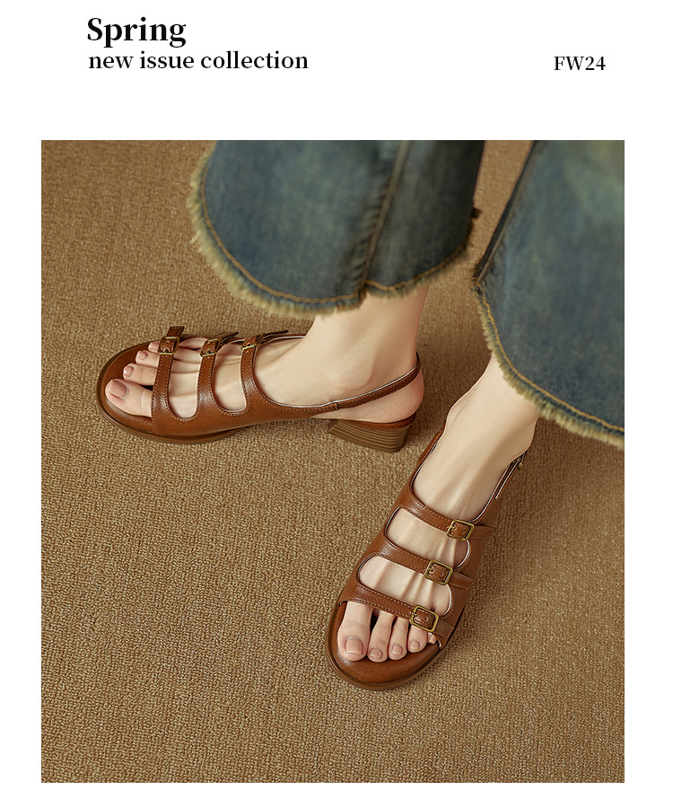 Sandal hở mũi nữ quai ngang gót thấp phong cách La Mã đơn giản — màu nâu chi tiết 8