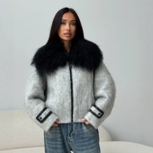 2025新款羊毛尼天然滩羊毛领白鹅绒羽绒服女短款宽松加厚保暖外套