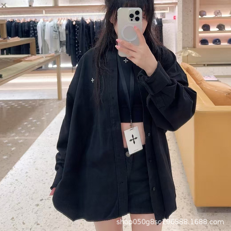 SMFK十字巨人衬衫刺绣纯色阔身超大工装休闲衬衣男同款女25秋上新|undefined