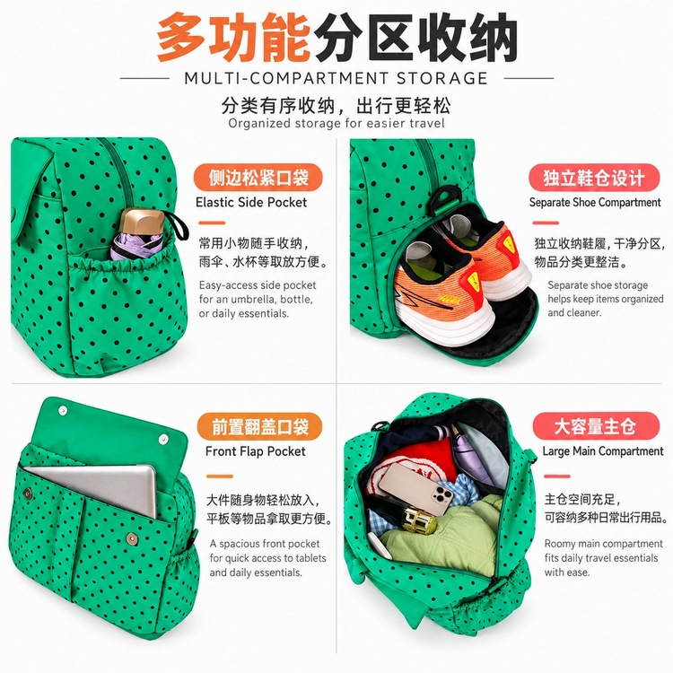 Koreanische Polka-Dot-Reisetasche, großes Fassungsvermögen, leicht und erweiterbar