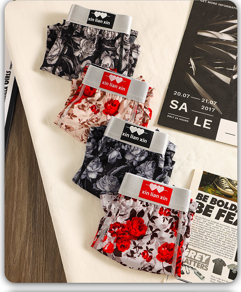Men's Boxer Briefs Ice Silk Mid Waist Trendy Rose Print Trunks_voghion.com