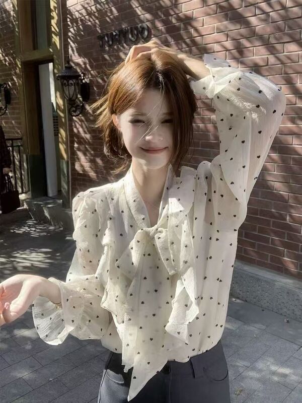 2025春夏季女士新款法式高级感荷叶边波点衬衫设计感绑带宽松上衣|undefined