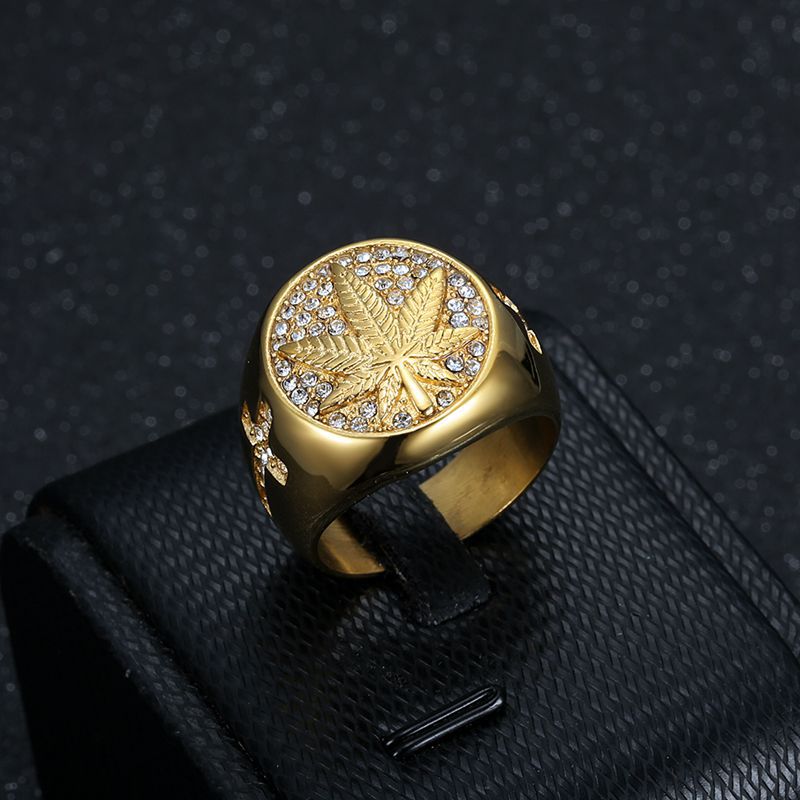 1 Piece Hip-hop Maple Leaf Titanium Steel Inlay Rhinestones Men's Rings display picture 1