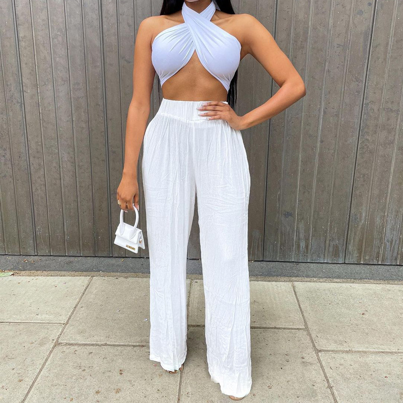 women's solid color vest loose cotton and linen wide-leg pants suit nihaostyles clothing wholesale NSLAI76351