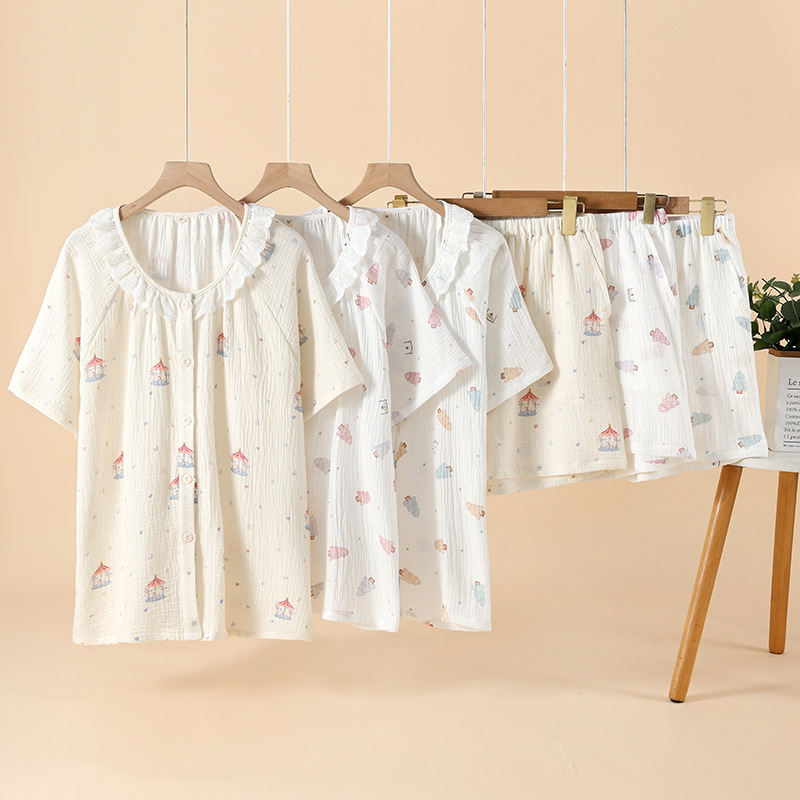 Pajamas Women's Summer Crepe Pure Cotton Crewneck Lace Cardigan Home Clothes Short-sleeved Shorts Loose plus size Home Clothes