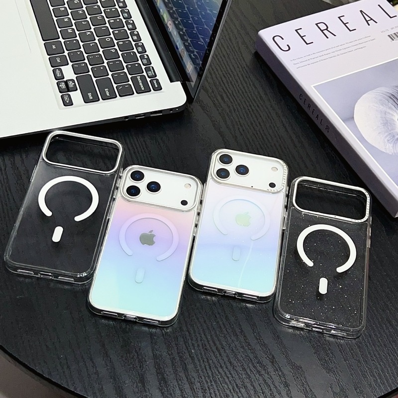 适用iiPhone17磁吸透明玻璃壳苹果16promax带钻幻彩闪粉透明PC壳|undefined
