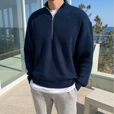 Autumn half-zip cardigan sweater for men, Korean style, trendy, handsome, versatile, stand collar knit top, turtleneck coat