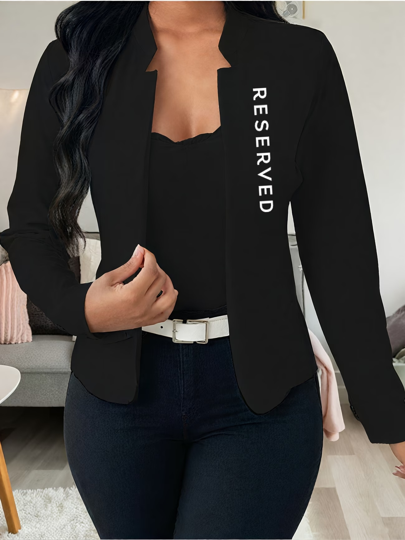 Women’s Black Blazer With Stand Up Collar Elegant Fitted Outerwear_voghion.com
