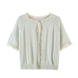 2026春新款v领蕾丝拼接冰丝防晒针织衫女时尚百搭透气短袖T恤