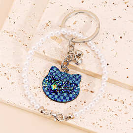 创意可爱猫咪头珍珠手机挂绳时尚风珍珠挂扣情侣包包钥匙扣钥匙圈