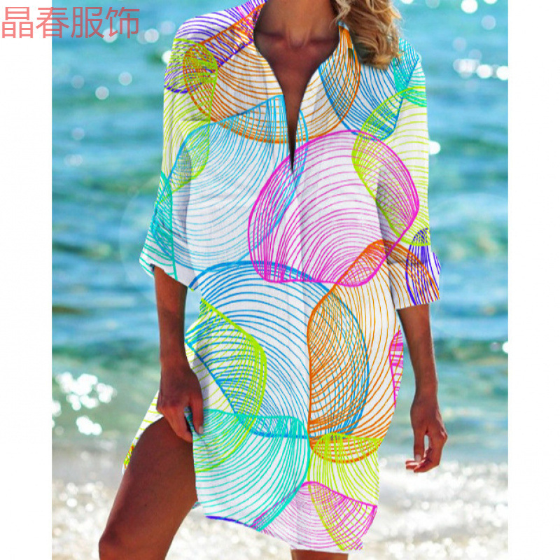 Foreign Trade Cross-Border New Bikini Jacket Shirt Swimsuit Cardigan Women's Printed Vacation Beach Shirt