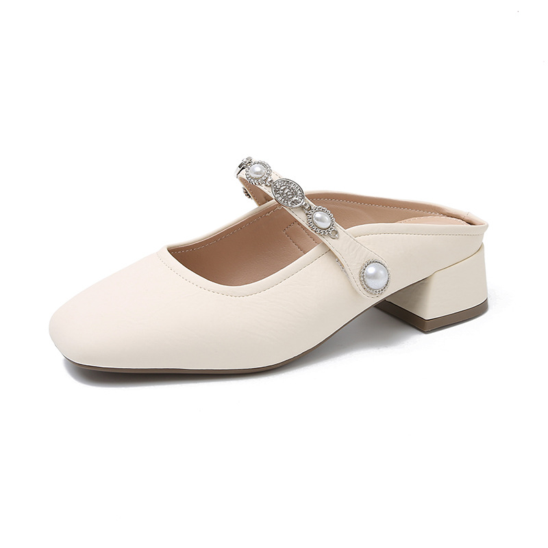 Zapatos de mujer hechos a mano de todo fósforo temperamento puntera plateada con falda verano elegante cabeza cuadrada con muller medio arrastre mujer